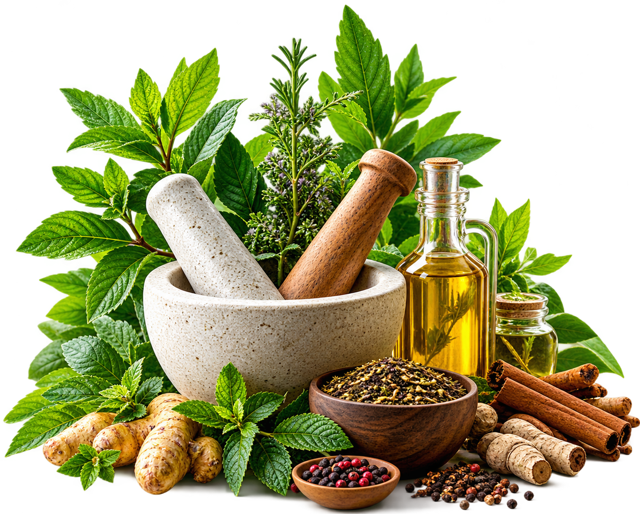 Herbal ingredients, leaves and traditional mortar and pestle